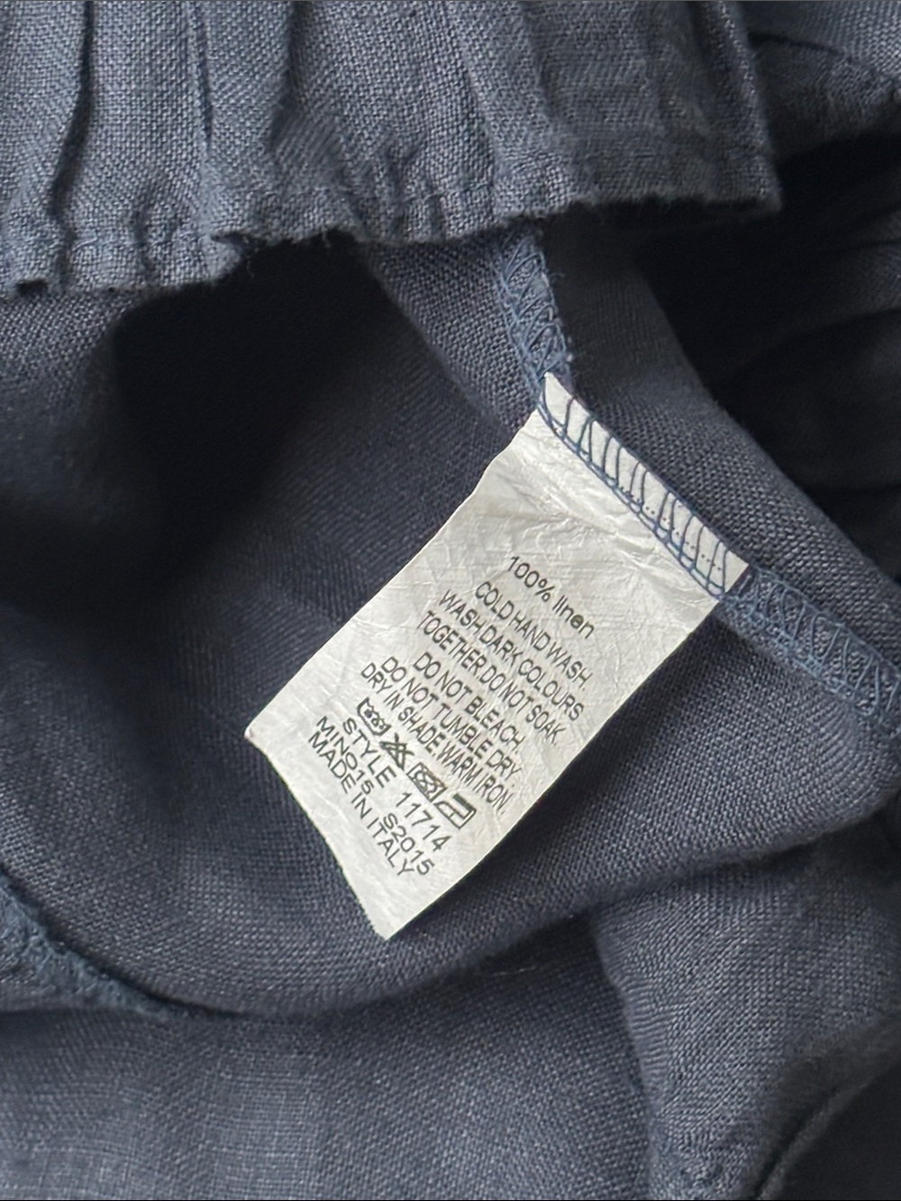 Like New Women's Navy Ruffle-Hem Linen Short Sleeve Blouse - Top Size Large - Picture 10 of 16